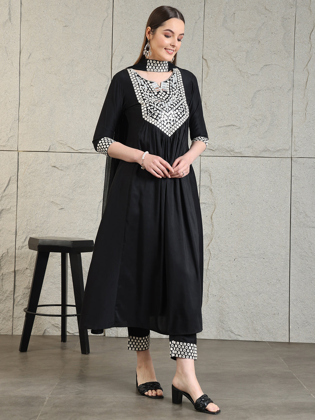 Mirror Embroidered Kurta With Pant & Necklace Dupatta, Black - Hiral Fashion