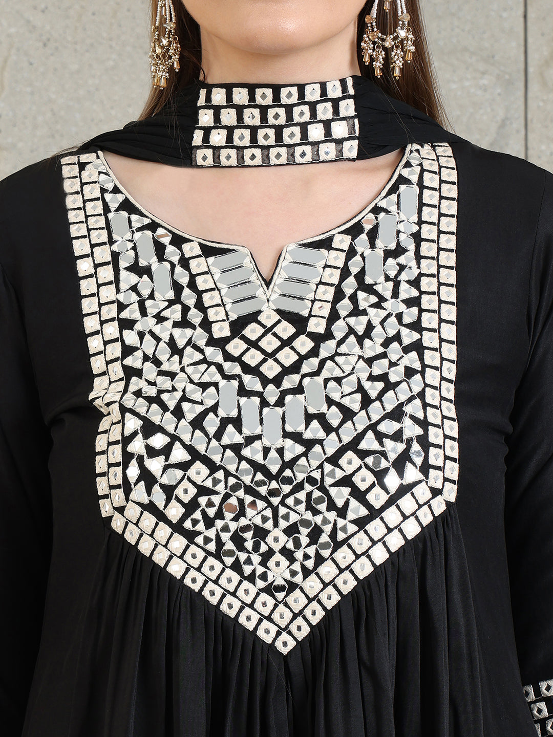 Mirror Embroidered Kurta With Pant & Necklace Dupatta, Black - Hiral Fashion