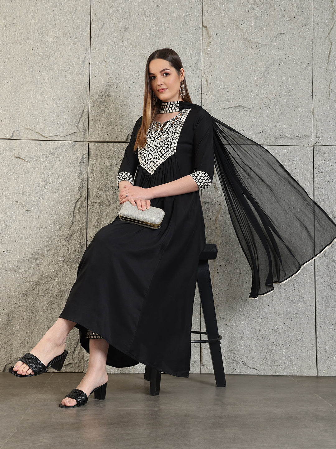 Mirror Embroidered Kurta With Pant & Necklace Dupatta, Black - Hiral Fashion