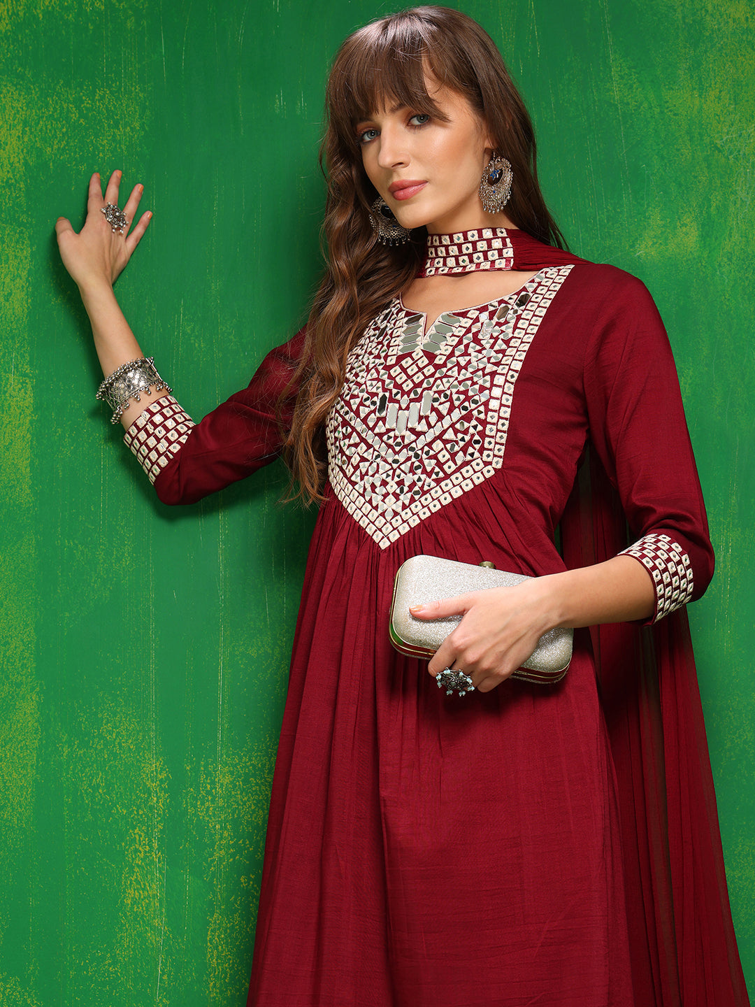 Mirror Embroidered Kurta With Pant & Necklace Dupatta, Maroon - Hiral Fashion