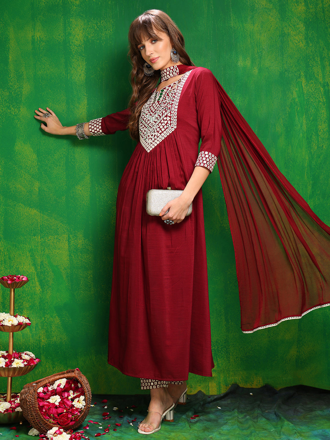 Mirror Embroidered Kurta With Pant & Necklace Dupatta, Maroon - Hiral Fashion