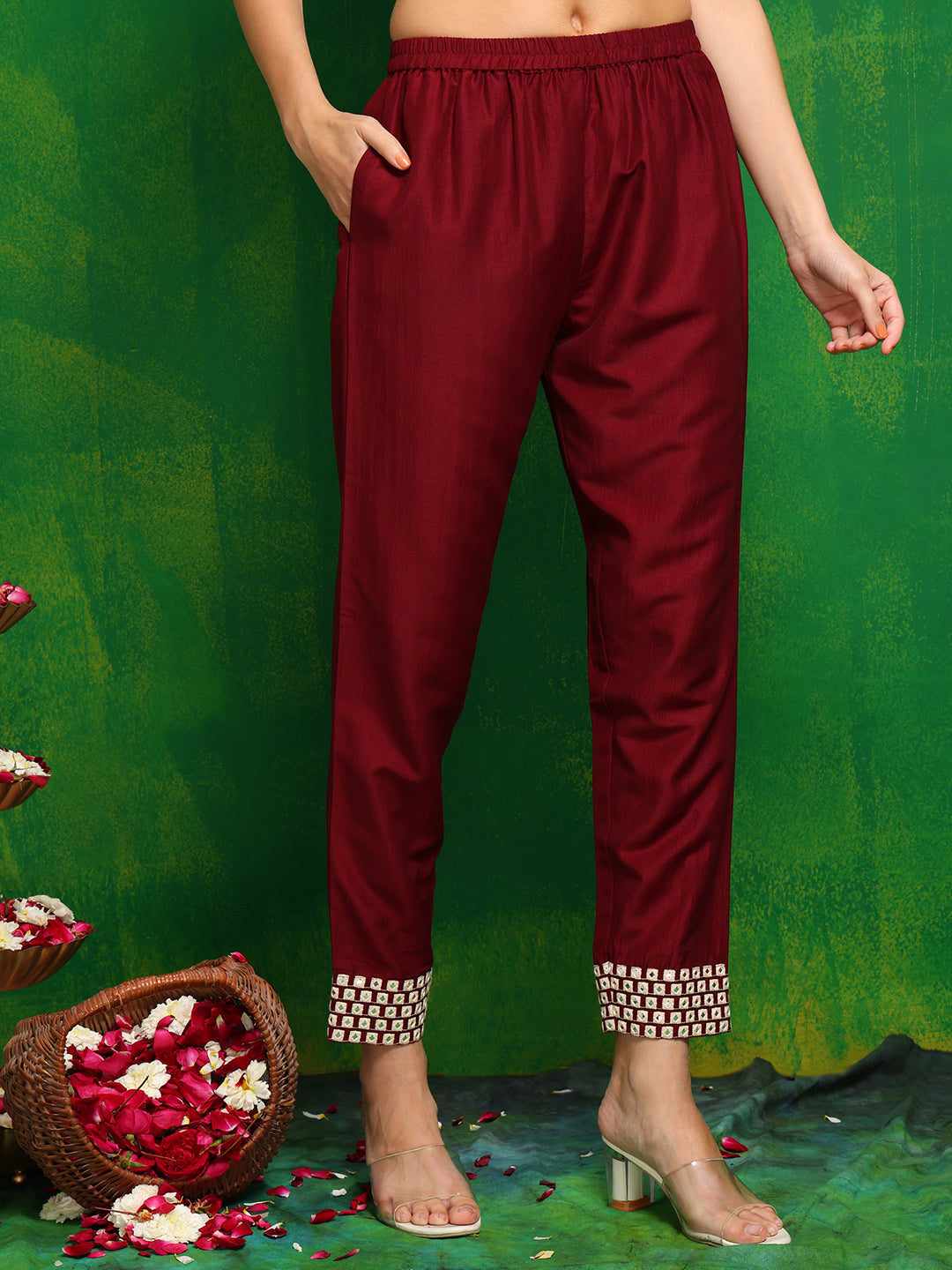 Mirror Embroidered Kurta With Pant & Necklace Dupatta, Maroon - Hiral Fashion