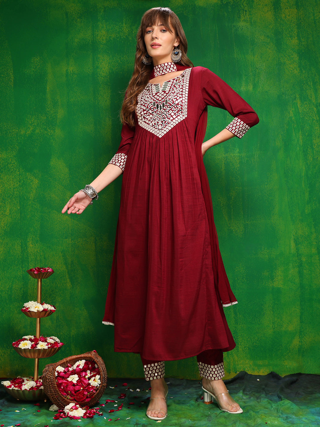 Mirror Embroidered Kurta With Pant & Necklace Dupatta, Maroon - Hiral Fashion