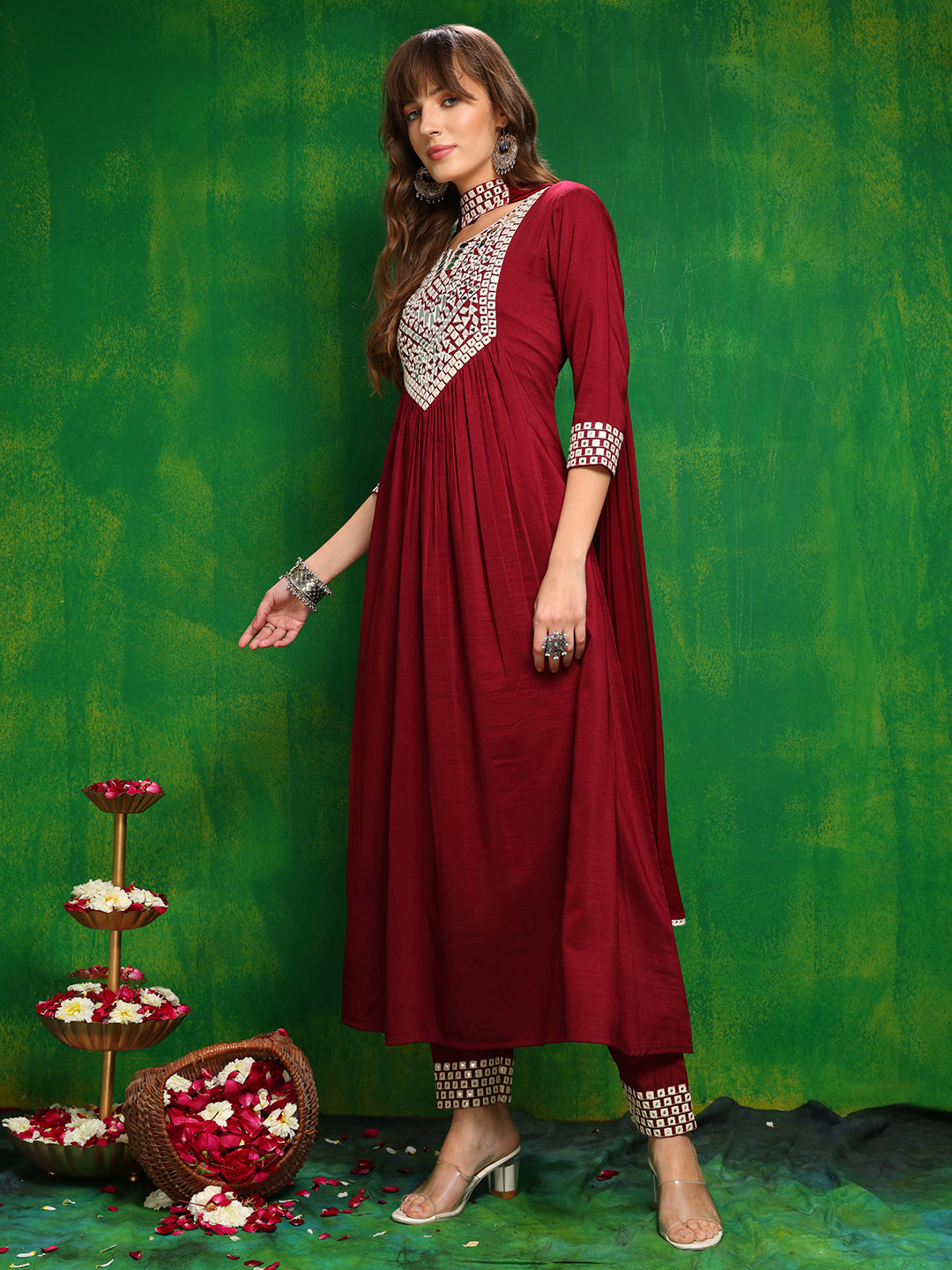 Mirror Embroidered Kurta With Pant & Necklace Dupatta, Maroon - Hiral Fashion