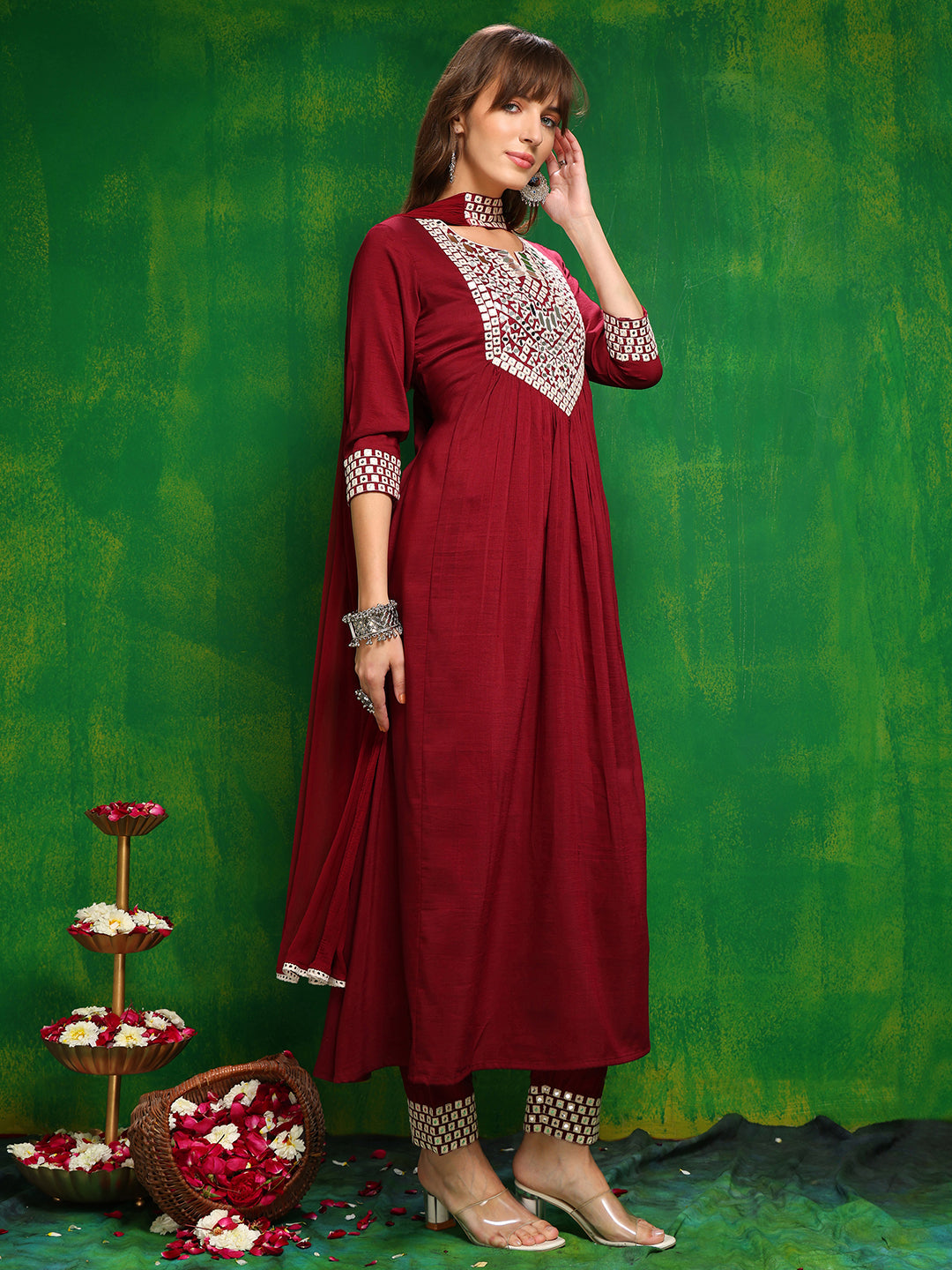Mirror Embroidered Kurta With Pant & Necklace Dupatta, Maroon - Hiral Fashion