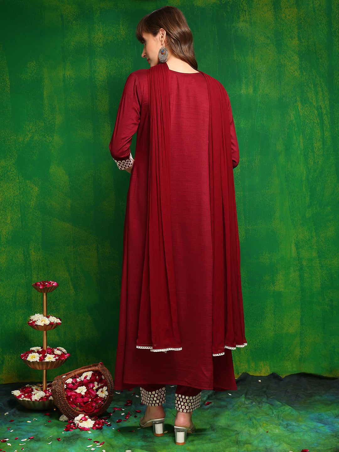 Mirror Embroidered Kurta With Pant & Necklace Dupatta, Maroon - Hiral Fashion