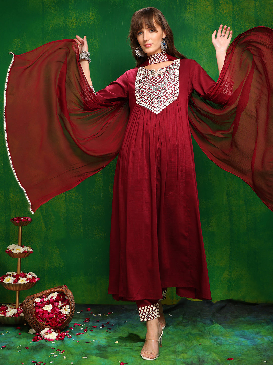 Mirror Embroidered Kurta With Pant & Necklace Dupatta, Maroon - Hiral Fashion