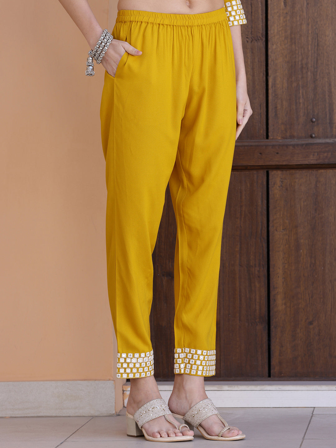 Mirror Embroidered Kurta With Pant & Necklace Dupatta, Mustard - Hiral Fashion
