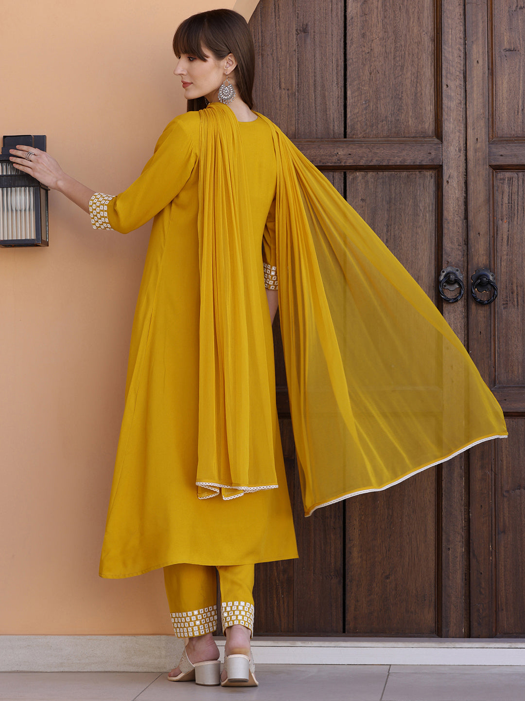 Mirror Embroidered Kurta With Pant & Necklace Dupatta, Mustard - Hiral Fashion