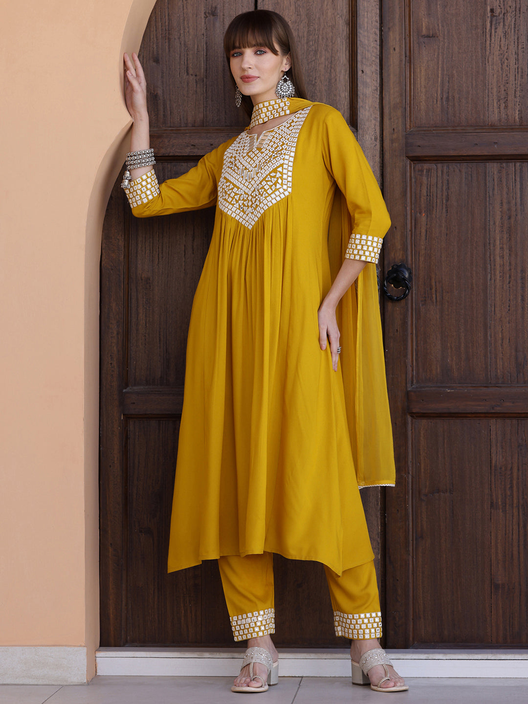 Mirror Embroidered Kurta With Pant & Necklace Dupatta, Mustard - Hiral Fashion