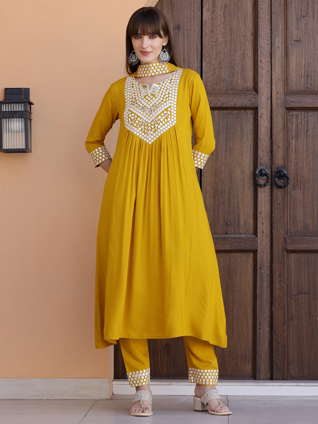 Mirror Embroidered Kurta With Pant & Necklace Dupatta, Mustard - Hiral Fashion