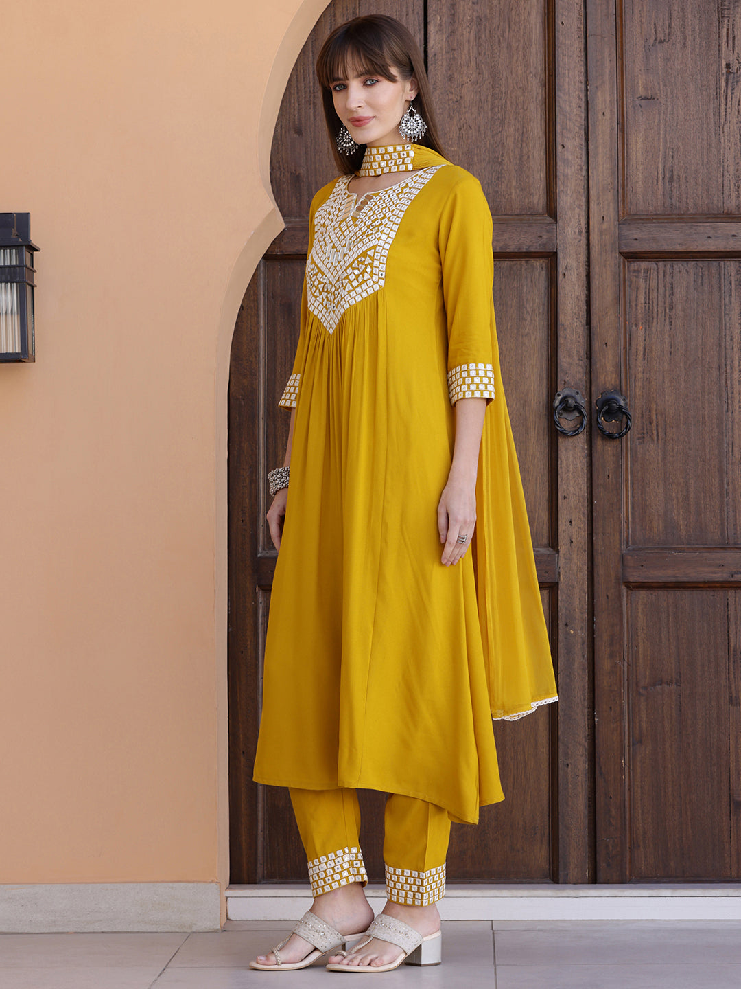 Mirror Embroidered Kurta With Pant & Necklace Dupatta, Mustard - Hiral Fashion