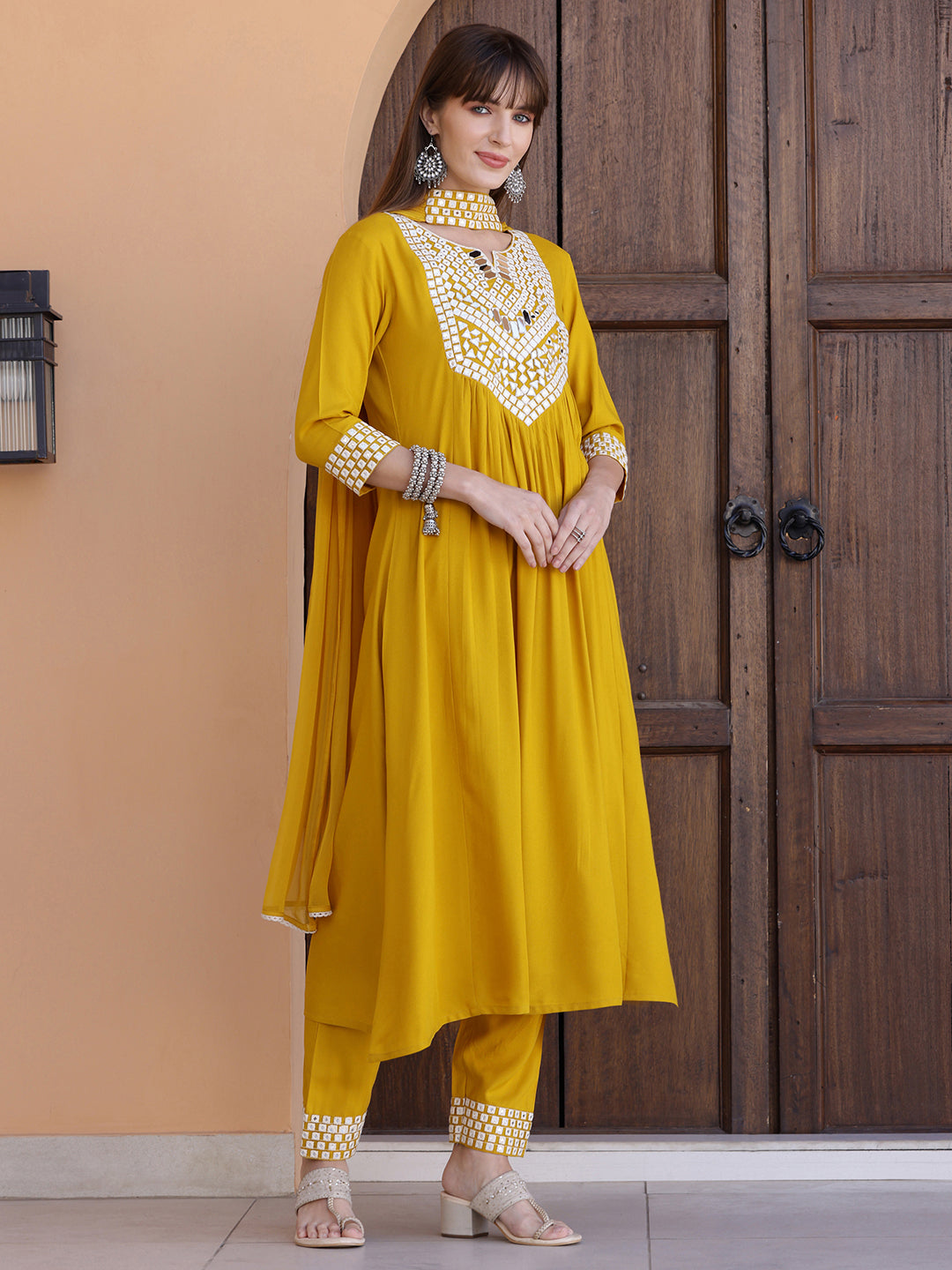 Mirror Embroidered Kurta With Pant & Necklace Dupatta, Mustard - Hiral Fashion