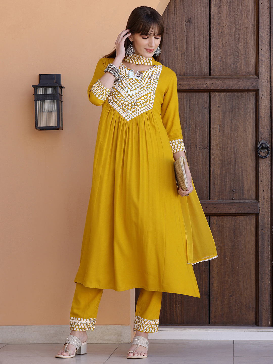 Mirror Embroidered Kurta With Pant & Necklace Dupatta, Mustard - Hiral Fashion