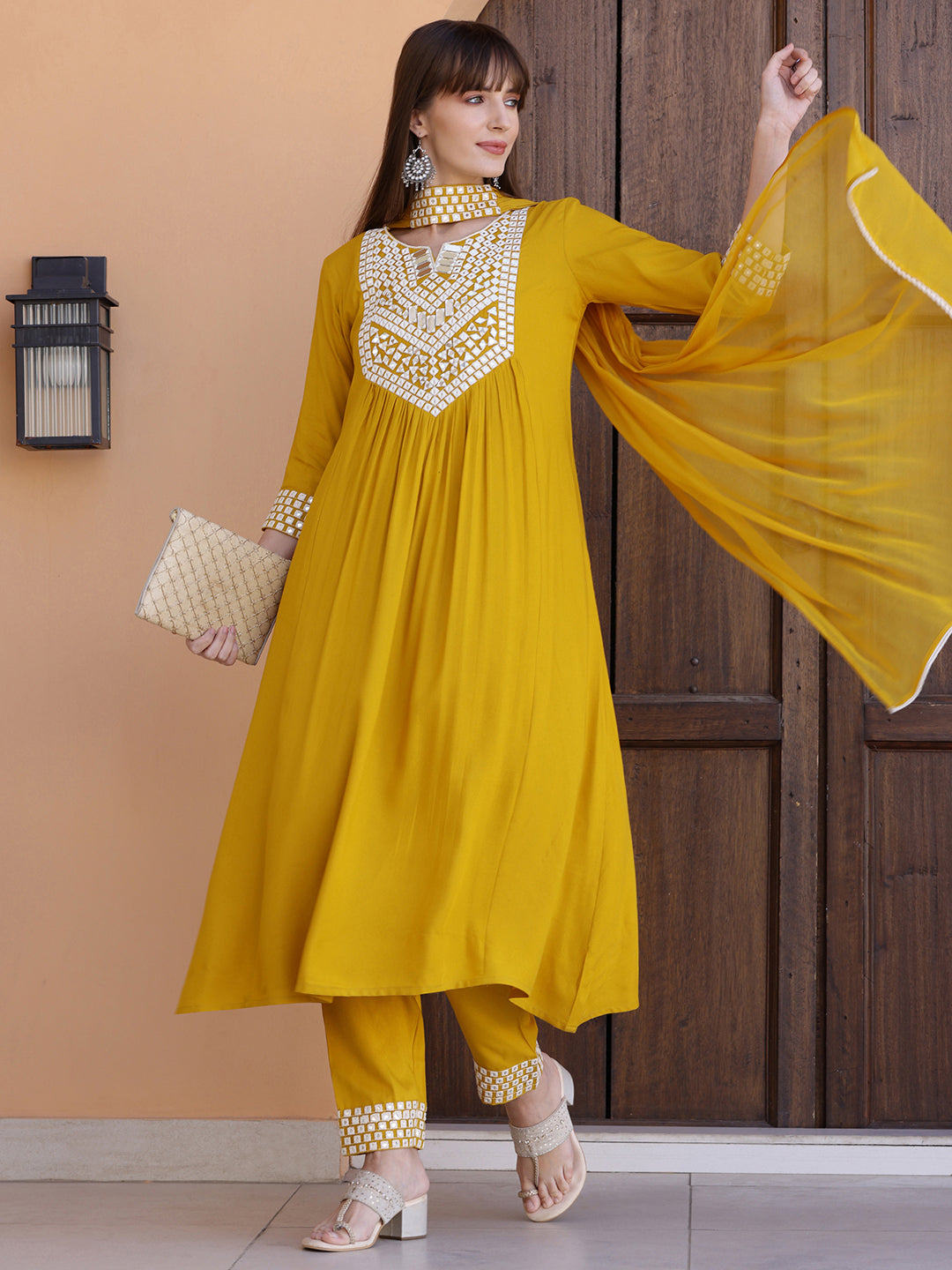 Mirror Embroidered Kurta With Pant & Necklace Dupatta, Mustard - Hiral Fashion