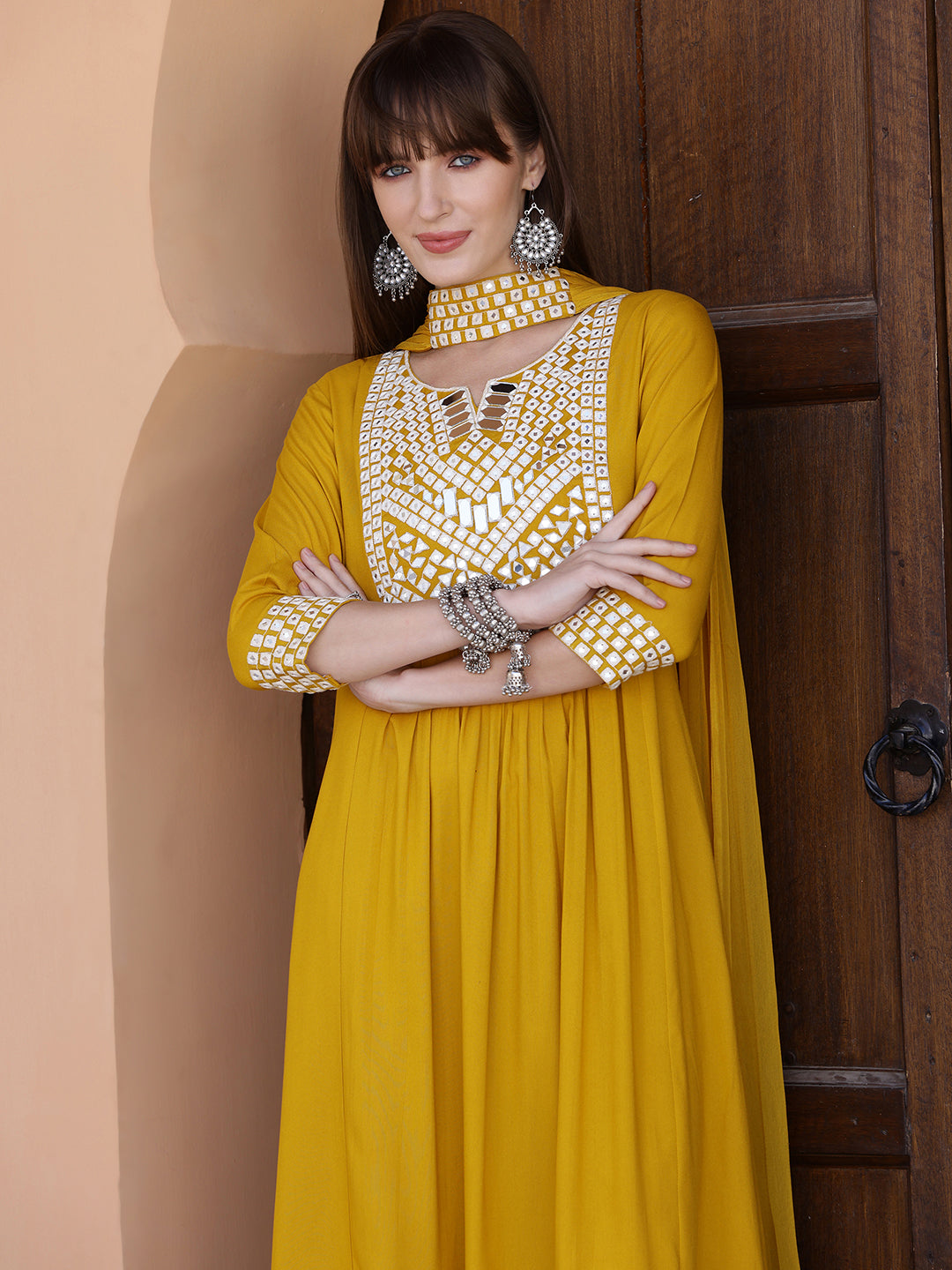 Mirror Embroidered Kurta With Pant & Necklace Dupatta, Mustard - Hiral Fashion