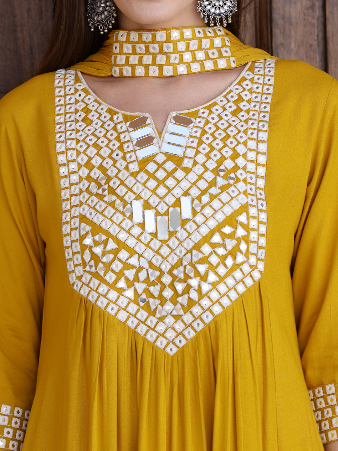 Mirror Embroidered Kurta With Pant & Necklace Dupatta, Mustard - Hiral Fashion
