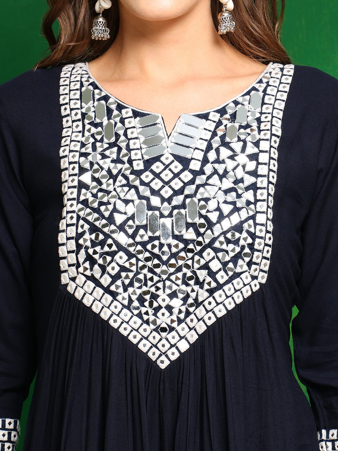 Mirror Embroidered Kurta With Pant & Necklace Dupatta, Navy Blue - Hiral Fashion