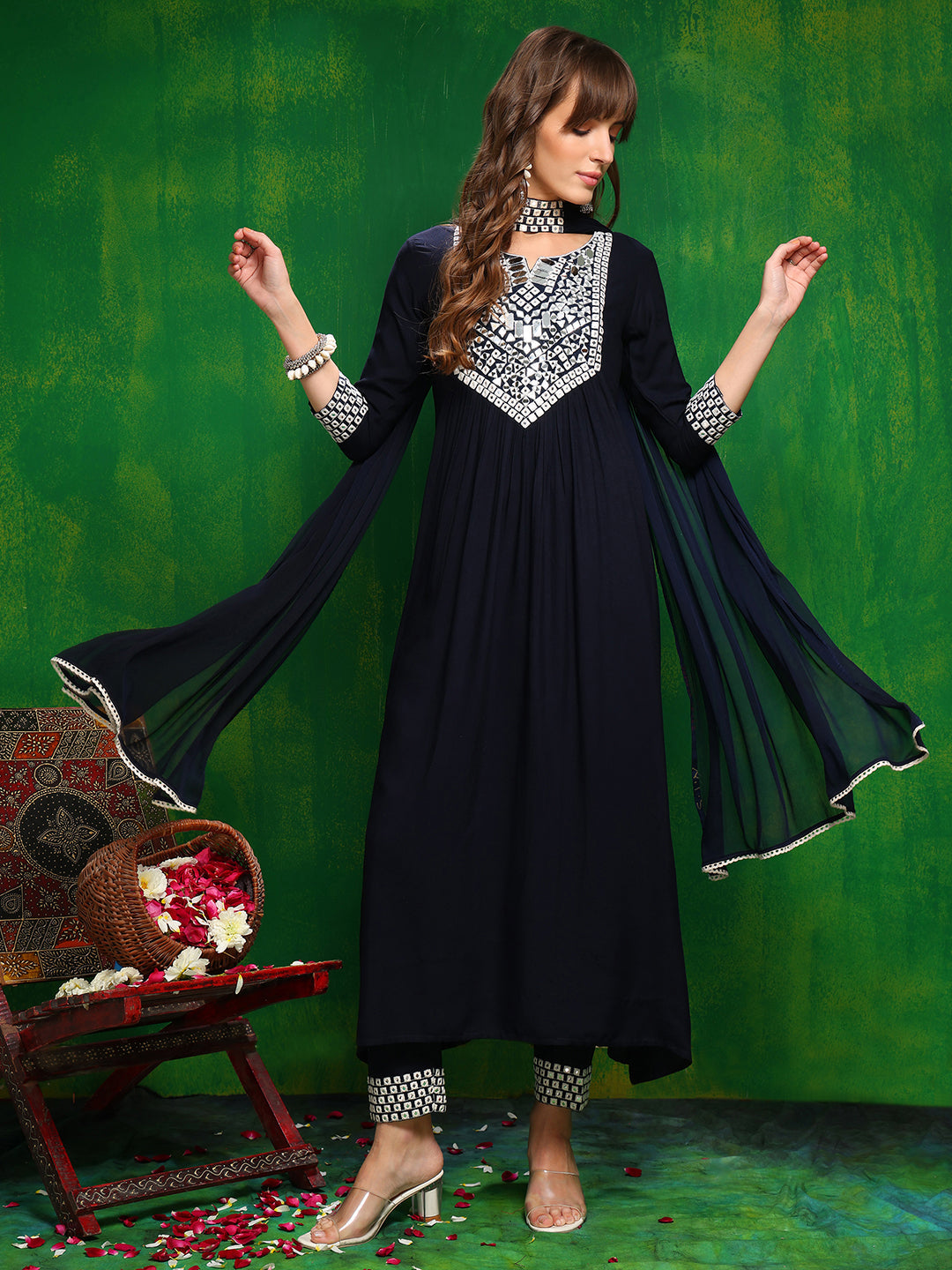 Mirror Embroidered Kurta With Pant & Necklace Dupatta, Navy Blue - Hiral Fashion