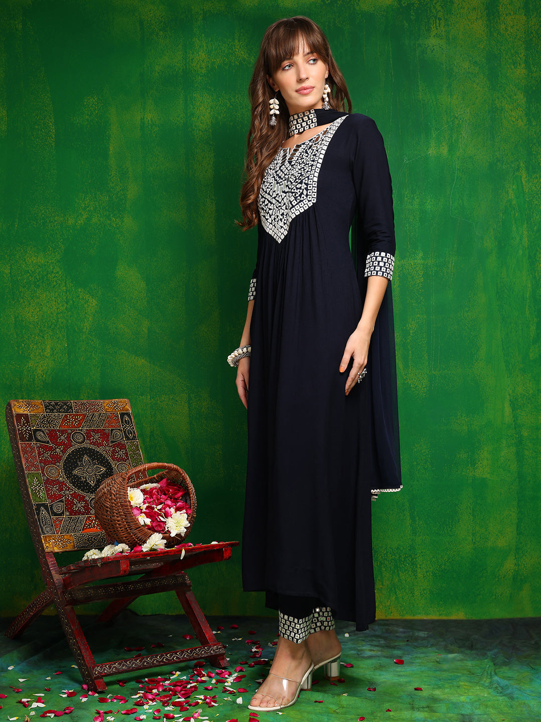 Mirror Embroidered Kurta With Pant & Necklace Dupatta, Navy Blue - Hiral Fashion