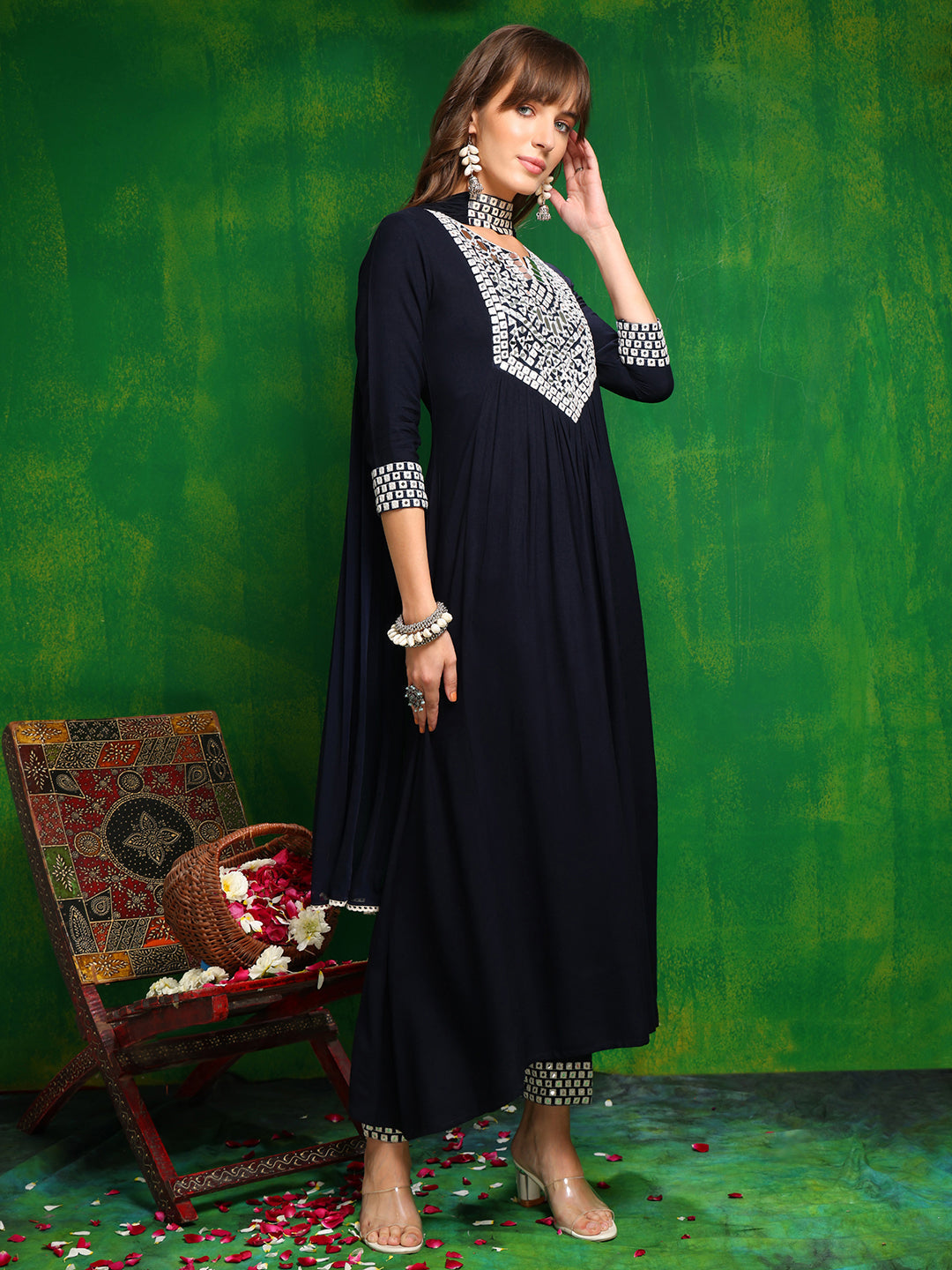 Mirror Embroidered Kurta With Pant & Necklace Dupatta, Navy Blue - Hiral Fashion