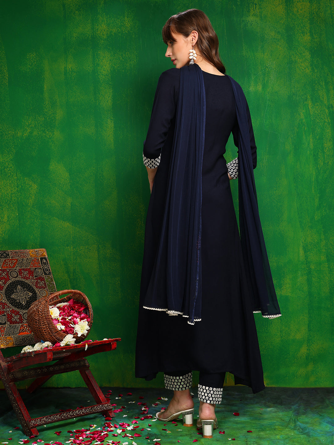 Mirror Embroidered Kurta With Pant & Necklace Dupatta, Navy Blue - Hiral Fashion