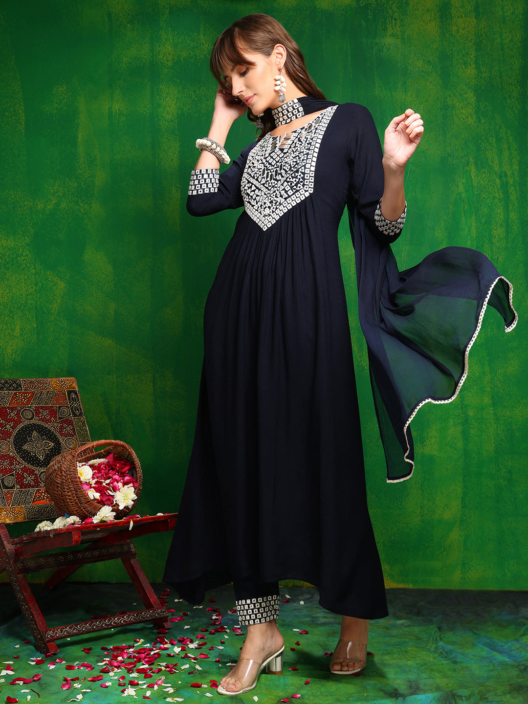 Mirror Embroidered Kurta With Pant & Necklace Dupatta, Navy Blue - Hiral Fashion