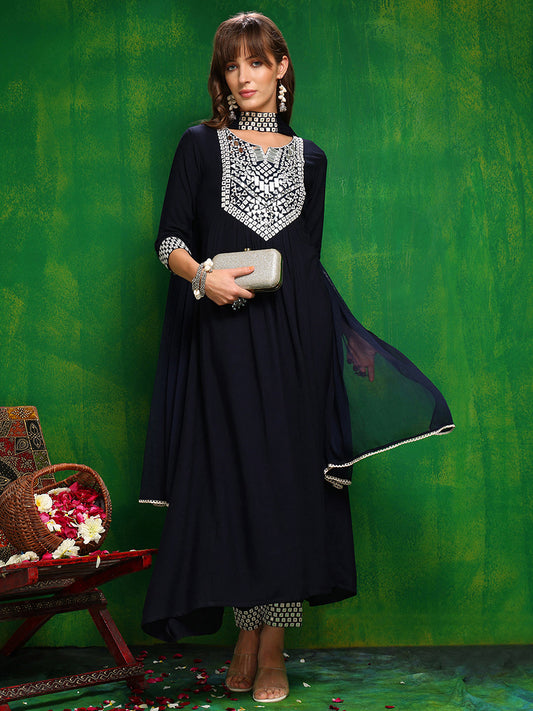 Mirror Embroidered Kurta With Pant & Necklace Dupatta, Navy Blue - Hiral Fashion
