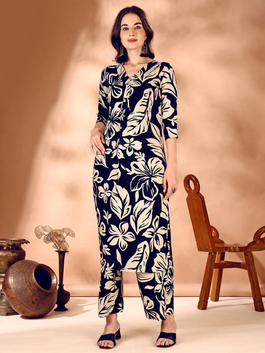 Botanical Printed Co Ords Set, Navy Blue - Hiral Fashion