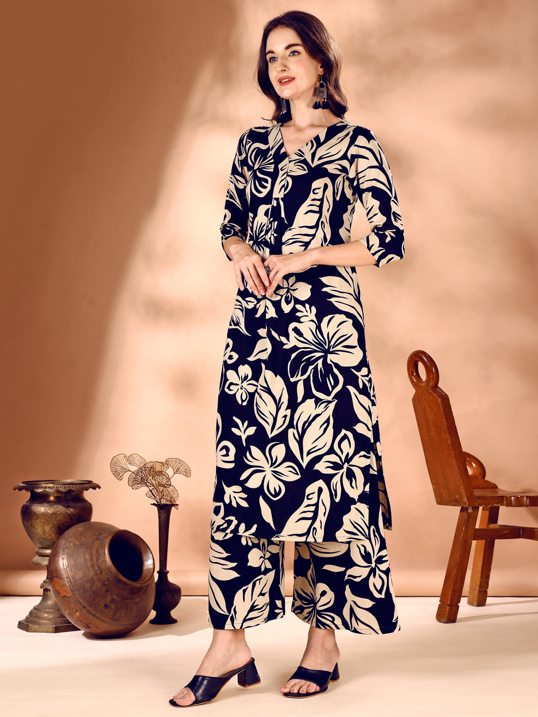 Botanical Printed Co Ords Set, Navy Blue - Hiral Fashion