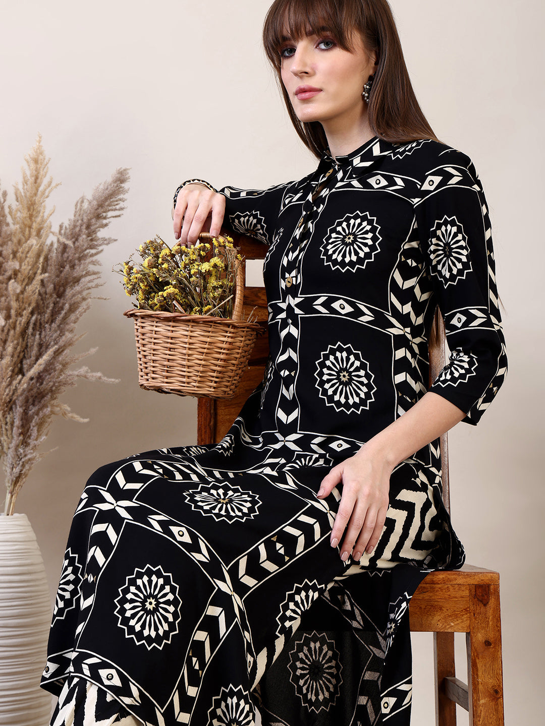 Ethnic Motifs Printed Afghani Pant Co-Ords, Black - Hiral Fashion