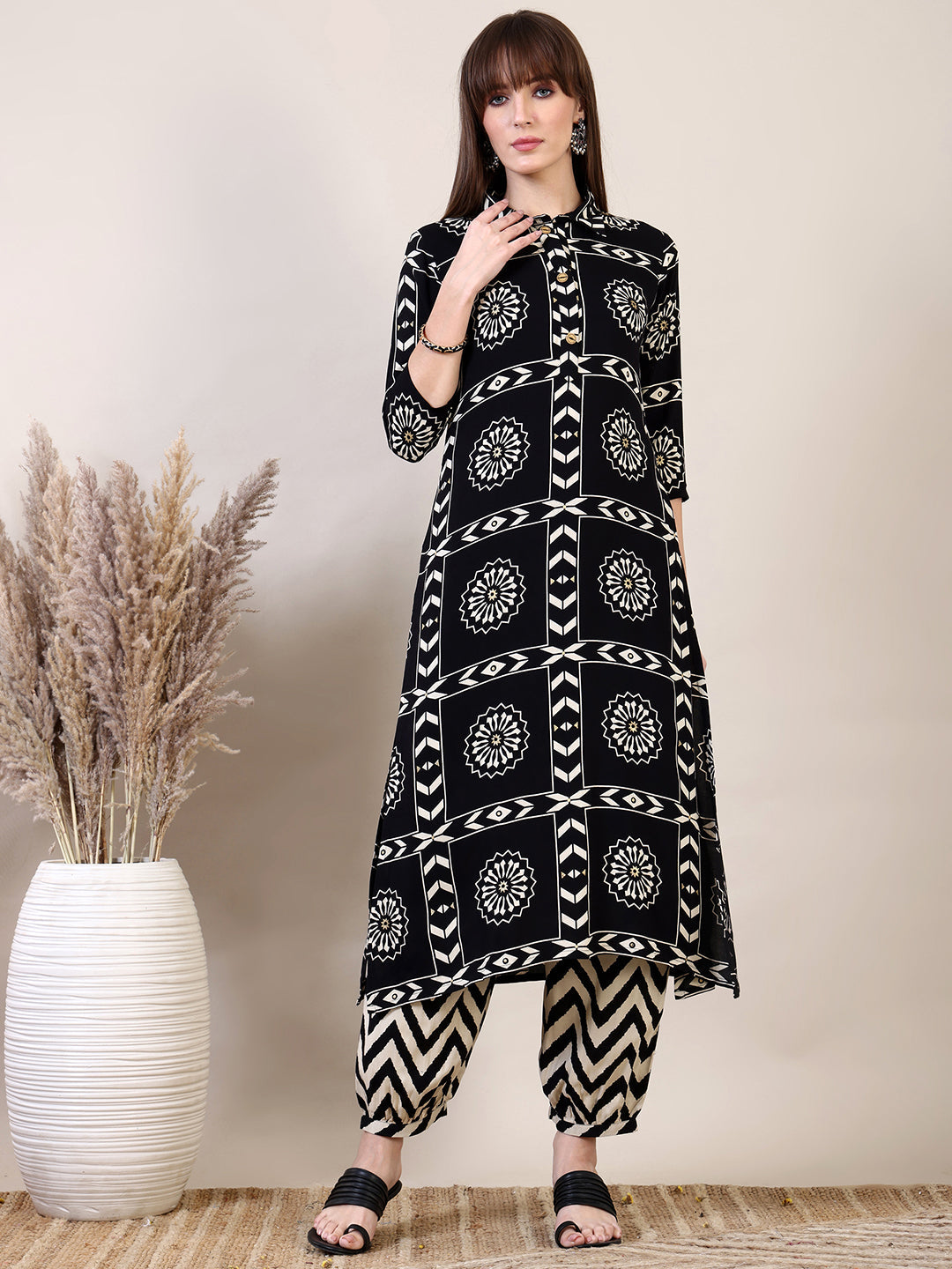 Ethnic Motifs Printed Afghani Pant Co-Ords, Black - Hiral Fashion