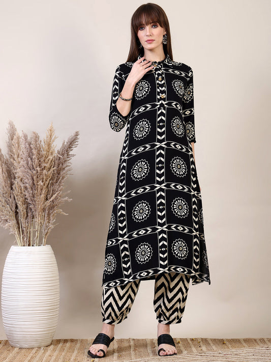 Ethnic Motifs Printed Afghani Pant Co-Ords, Black - Hiral Fashion