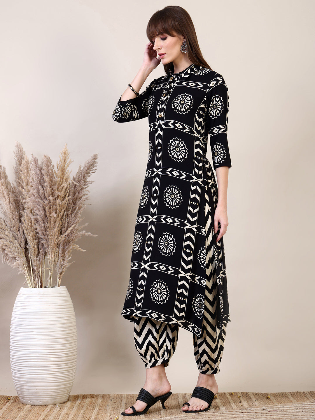 Ethnic Motifs Printed Afghani Pant Co-Ords, Black - Hiral Fashion