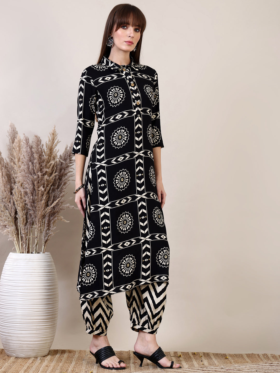 Ethnic Motifs Printed Afghani Pant Co-Ords, Black - Hiral Fashion