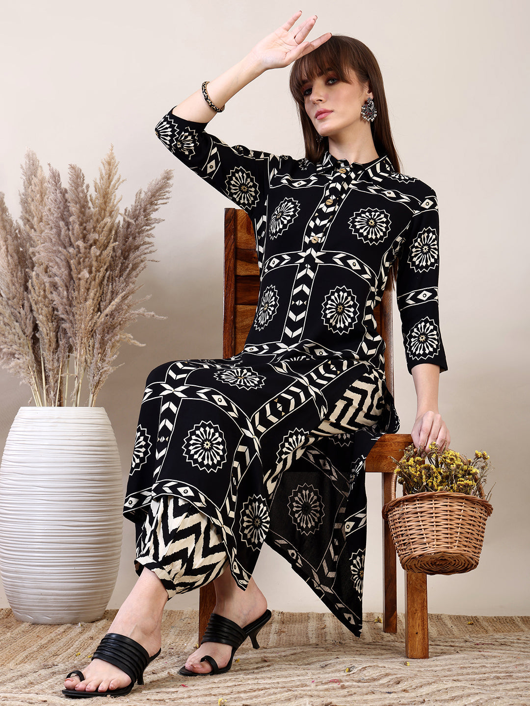 Ethnic Motifs Printed Afghani Pant Co-Ords, Black - Hiral Fashion