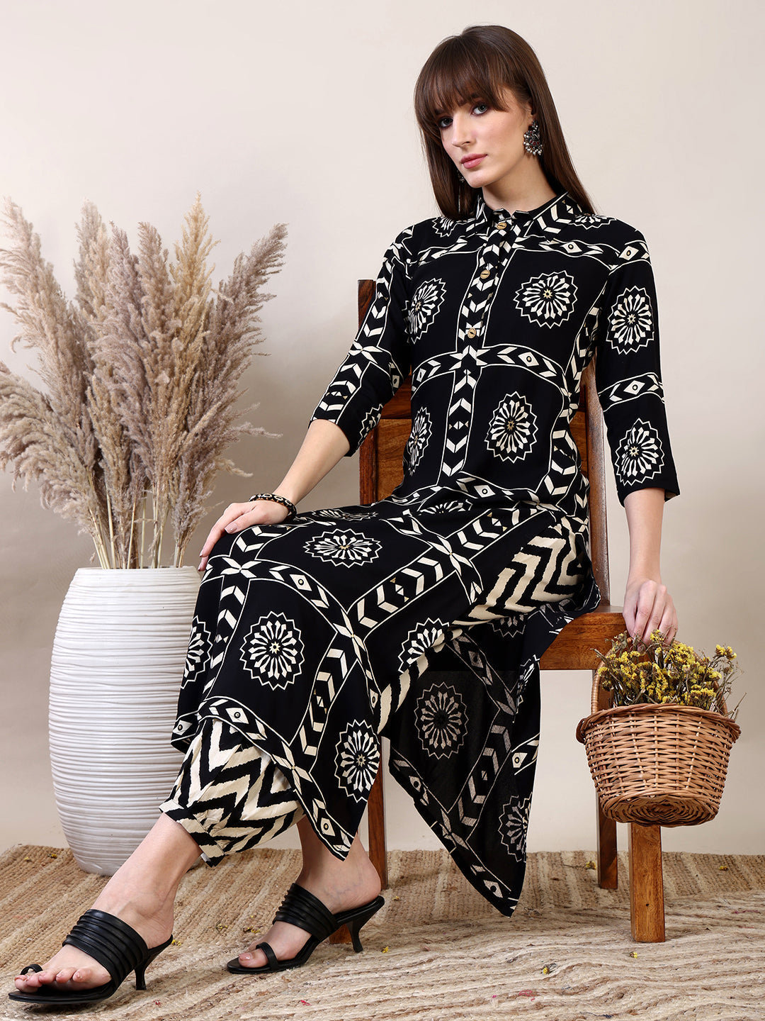 Ethnic Motifs Printed Afghani Pant Co-Ords, Black - Hiral Fashion