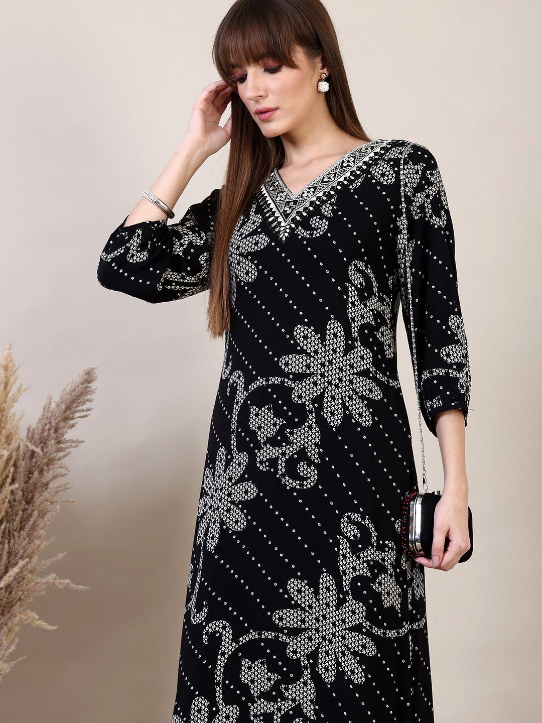 Embroidered & Floral Printed Co-Ords, Black - Hiral Fashion