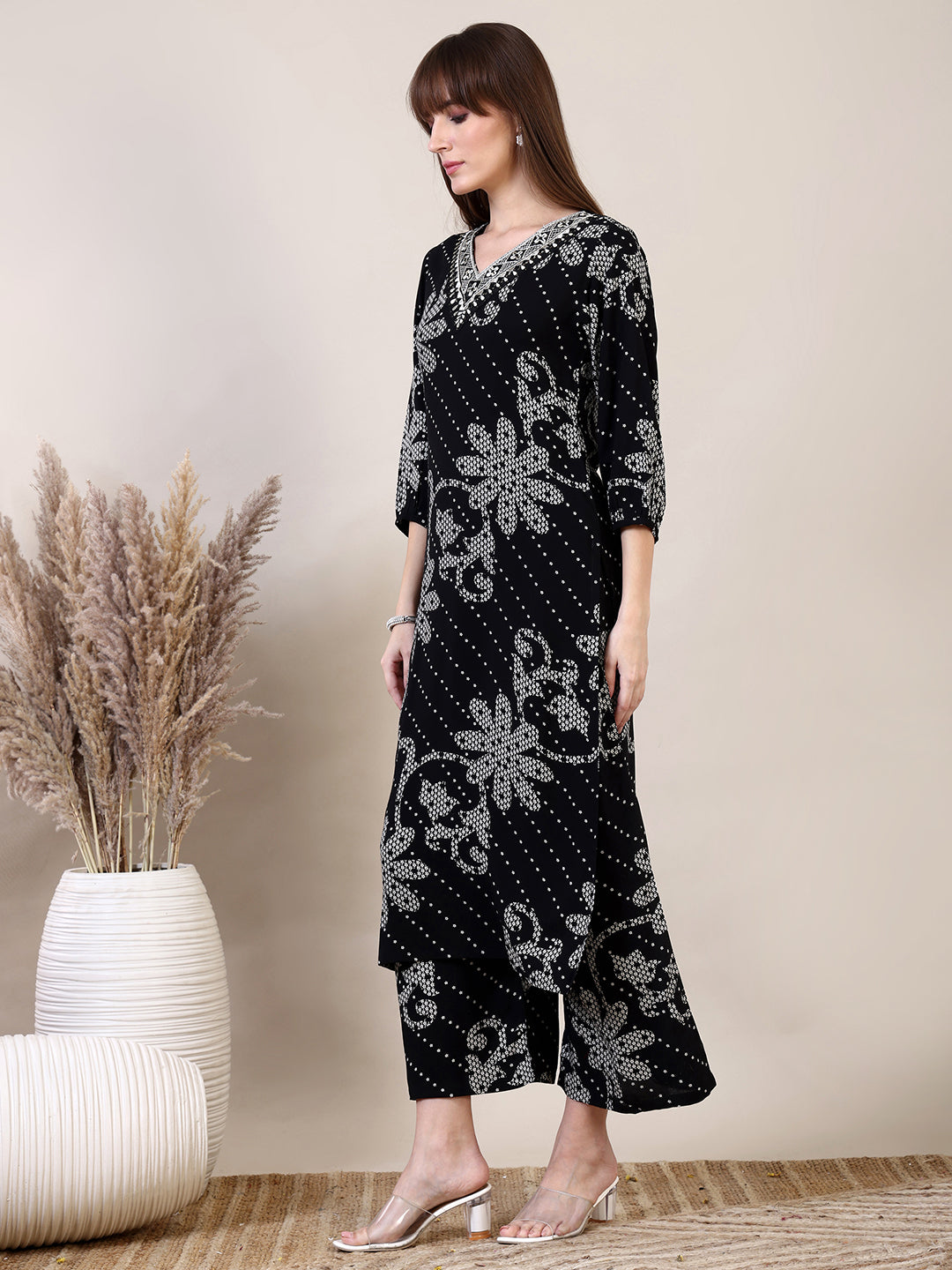 Embroidered & Floral Printed Co-Ords, Black - Hiral Fashion