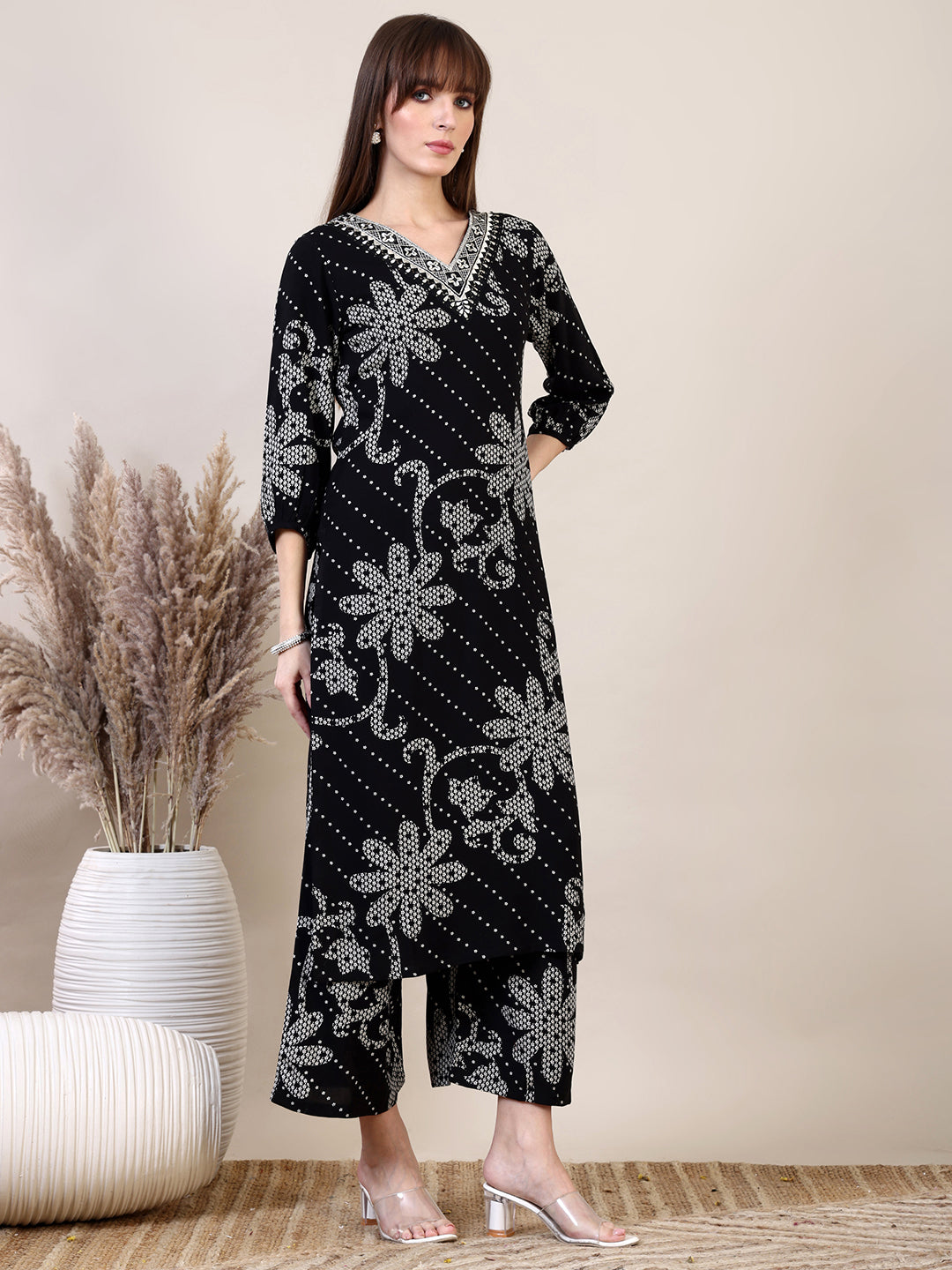 Embroidered & Floral Printed Co-Ords, Black - Hiral Fashion