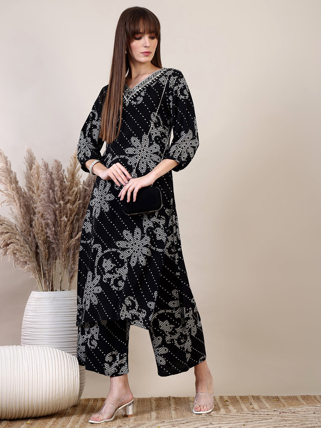 Embroidered & Floral Printed Co-Ords, Black - Hiral Fashion