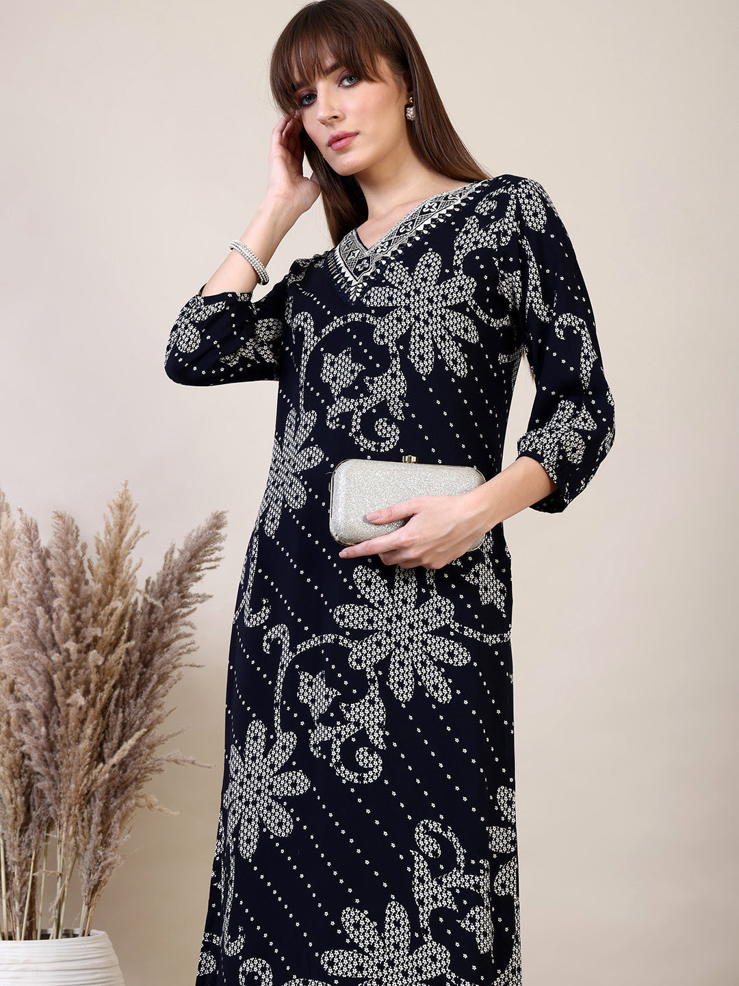 Embroidered & Floral Printed Co-Ords, Navy Blue - Hiral Fashion