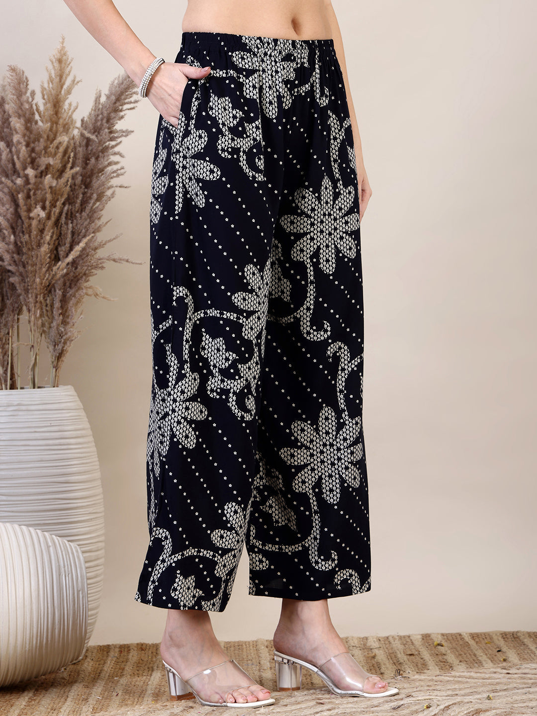 Embroidered & Floral Printed Co-Ords, Navy Blue - Hiral Fashion