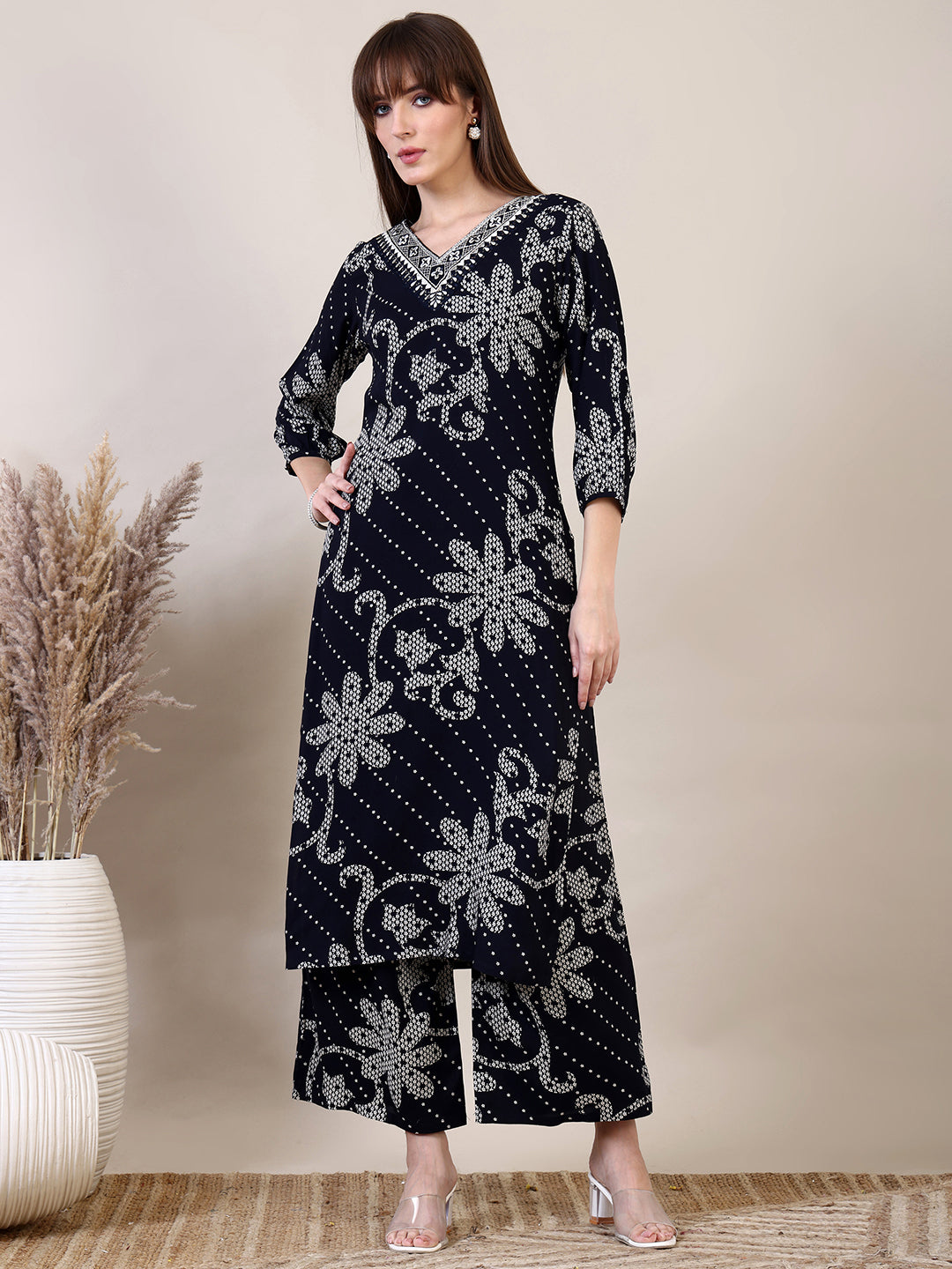 Embroidered & Floral Printed Co-Ords, Navy Blue - Hiral Fashion