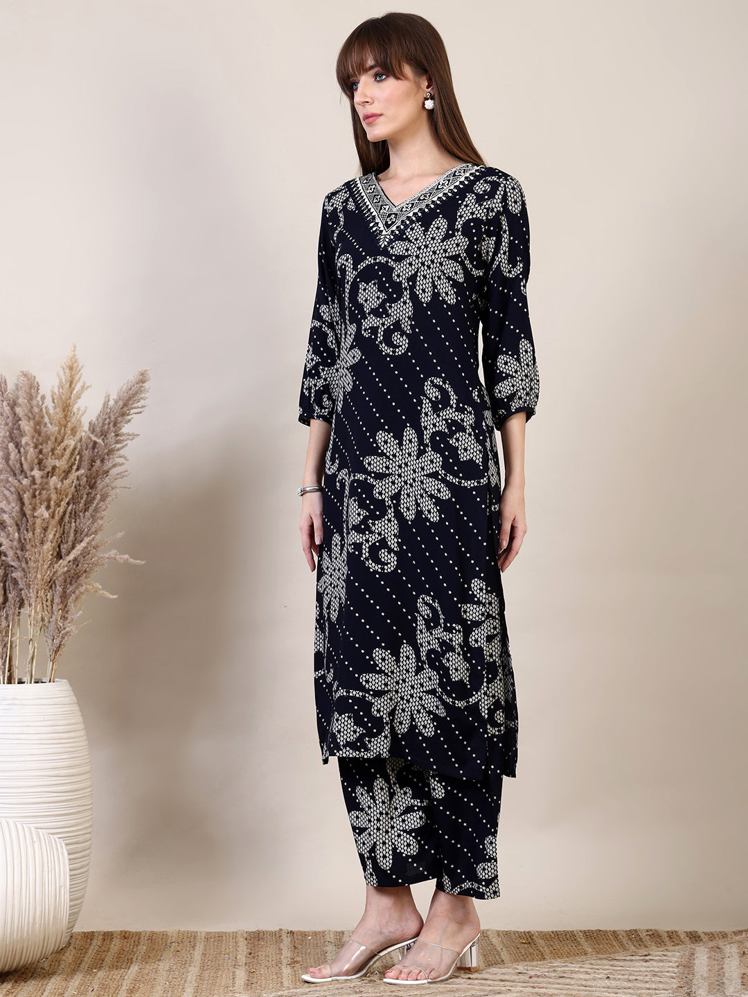 Embroidered & Floral Printed Co-Ords, Navy Blue - Hiral Fashion