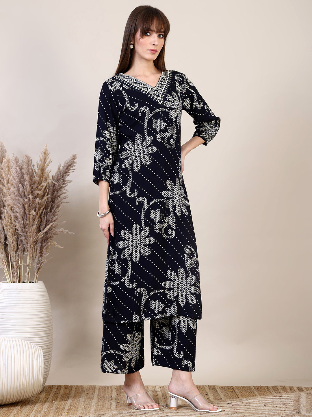 Embroidered & Floral Printed Co-Ords, Navy Blue - Hiral Fashion