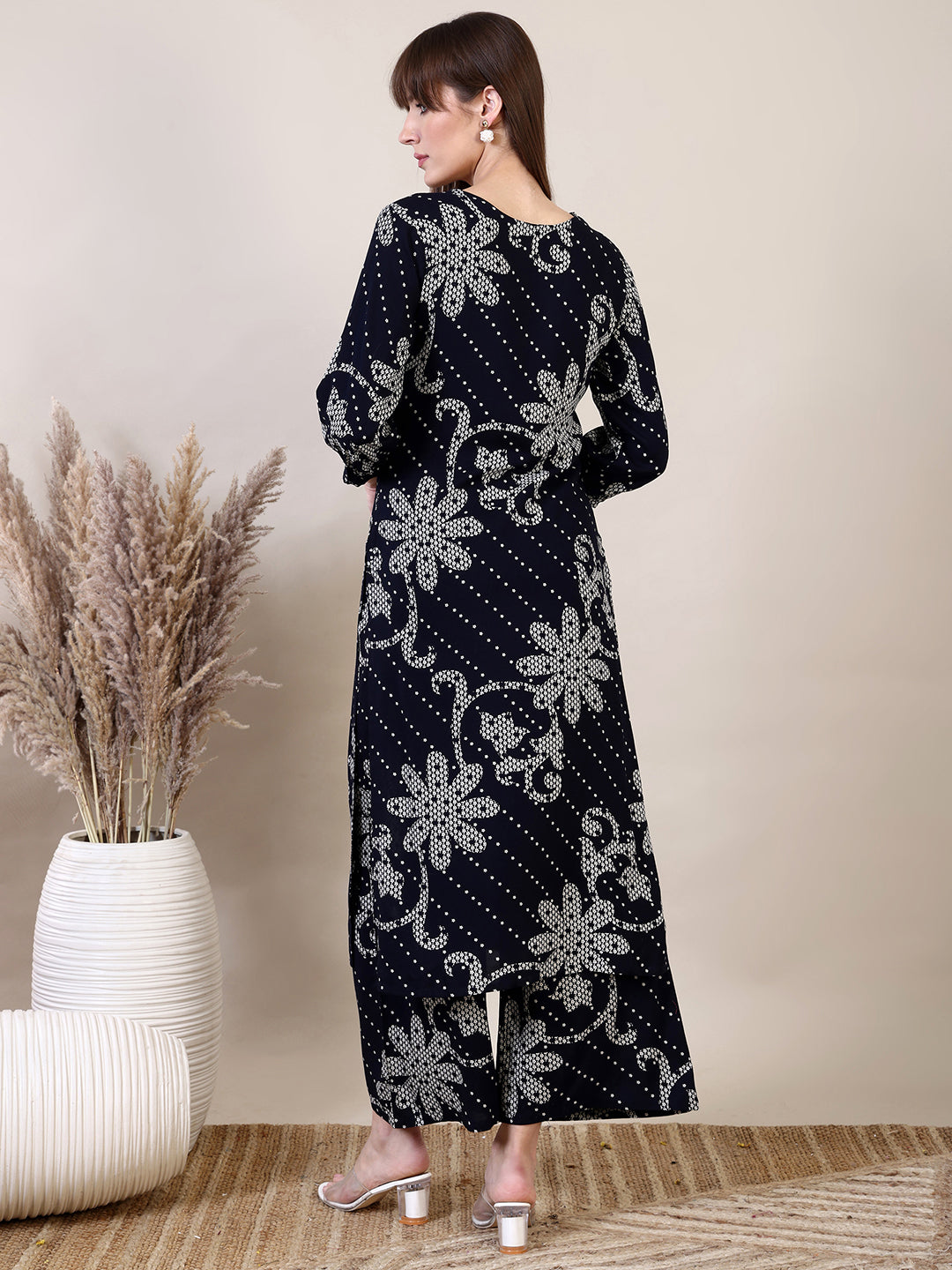 Embroidered & Floral Printed Co-Ords, Navy Blue - Hiral Fashion