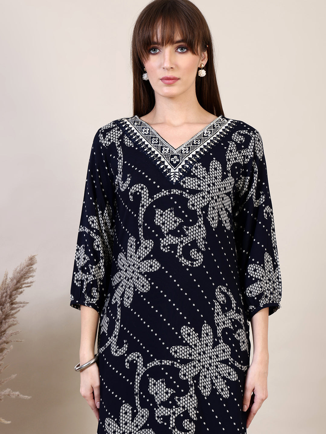 Embroidered & Floral Printed Co-Ords, Navy Blue - Hiral Fashion