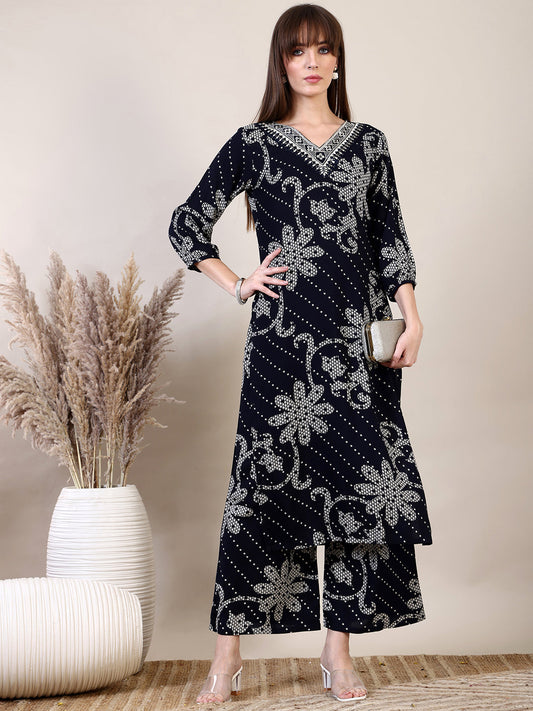 Embroidered & Floral Printed Co-Ords, Navy Blue - Hiral Fashion