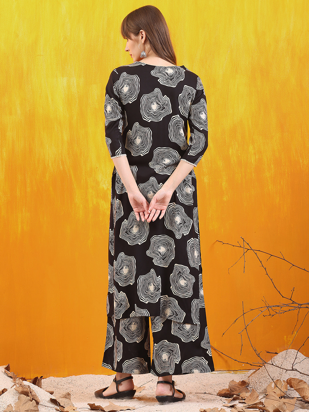 Embroidered & Floral Printed Kurta With Palazzo Co-Ords Set, Black - Hiral Fashion